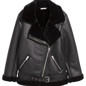 H&M black faux shearling moto jacket S